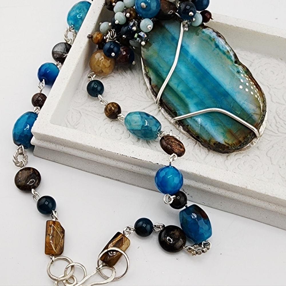 AGATE, AMAZONITE & TIGERS EYE GENUINE GEMSTONE NECKLACE HANDMADE STERLING SILVER